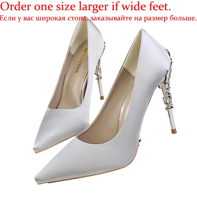 Women Luxury Metallic Decoration Heel Wedding Shoes Lady Trendy 10cm High Heels Pointed Toe Shoes Female Premium Gray Shoes