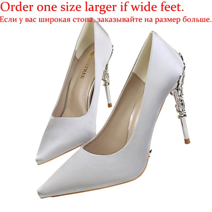 Women Luxury Metallic Decoration Heel Wedding Shoes Lady Trendy 10cm High Heels Pointed Toe Shoes Female Premium Gray Shoes