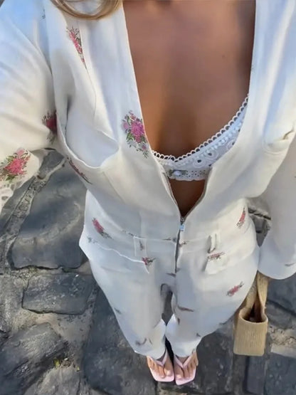 Elegant Print Women Jumpsuits Fashion Long Sleeve V-neck Zippers Female Overalls 2026 Summer Autumn All-match Lady Outfit New