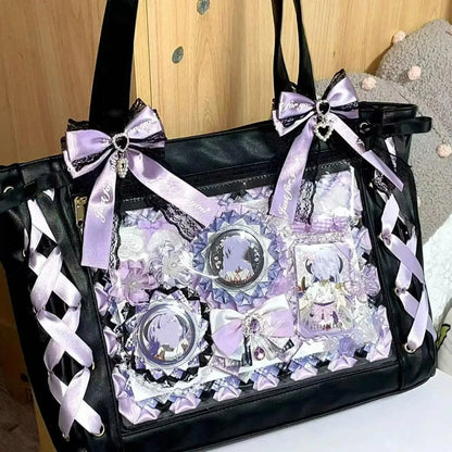 New Japanese Cute Sweet Ribbon Ita Bag Lolita Girls Transparent Handbags Fashion Large Capacity Tote Bag Aesthetic Shoulder Bags