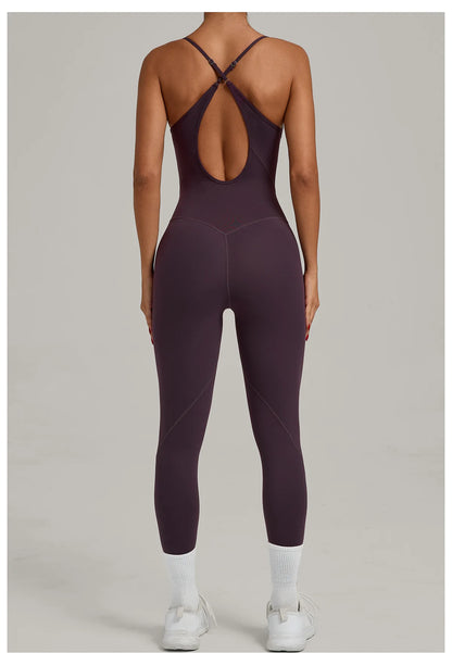 JUREN Fitness Jumpsuit Women Tracksuit Sports Playsuit Running One Piece Yoga Suit Scrunch Backless Set Rompers Gym Clothes