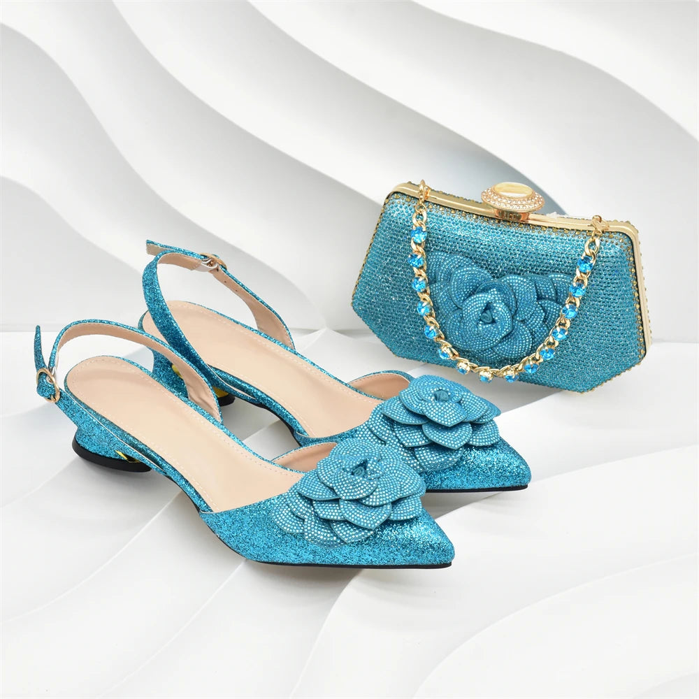 New Arrival Nigerian Women Heel Party Ladies Italian Design Shoes and Bag Set with Rhinestone Wedding Party Luxury Shoes Women
