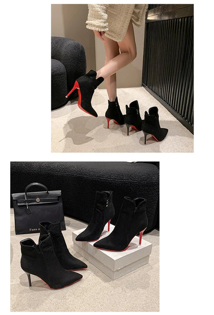 Aphixta 10cm Stilettos Winter Red Heels Zip Warm Black Ankle Boots Women Flock Footwear Shoes Women Super Big Size 47 48 49 50