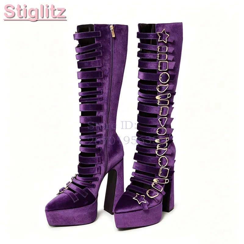 Blue Velvet Irregular Buckle Knee-high Boots Pointed  Toe Side Zipper Chunky High Heels Boots 2026 Summer New Women Punk Shoes