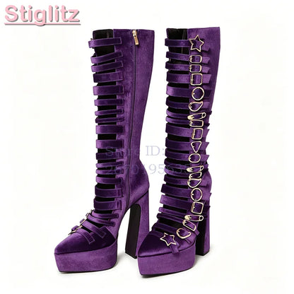 Blue Velvet Irregular Buckle Knee-high Boots Pointed  Toe Side Zipper Chunky High Heels Boots 2026 Summer New Women Punk Shoes