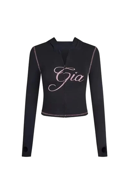 new shoulder letter printed open thread design slim fit hooded zipper short jacket shorts set
