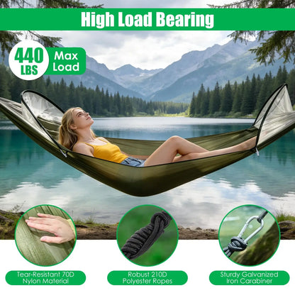 3-in-1 Camping Hammock with Automatic Pop-Up Mosquito Net, Lightweight 70D Nylon Portable Hammock Supports 440lbs, Dual Zipper Outdoor Hammock for Camping Hiking Backpacking Beach Backyard