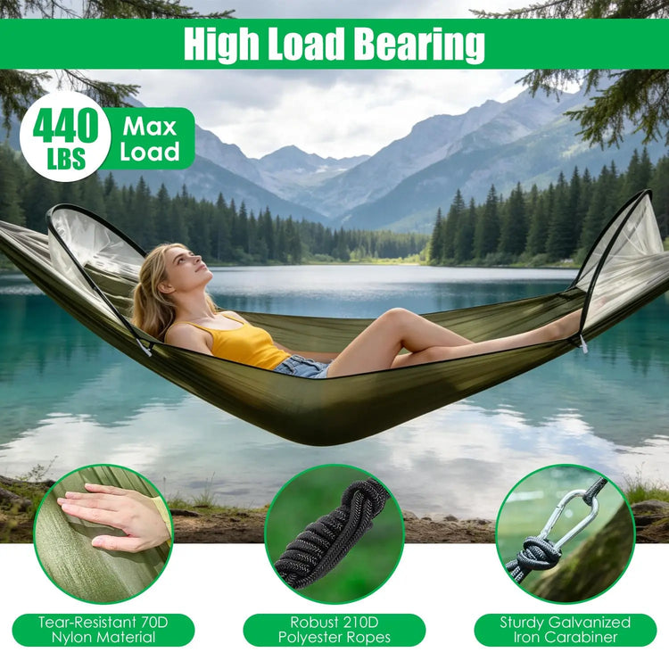 3-in-1 Camping Hammock with Automatic Pop-Up Mosquito Net, Lightweight 70D Nylon Portable Hammock Supports 440lbs, Dual Zipper Outdoor Hammock for Camping Hiking Backpacking Beach Backyard