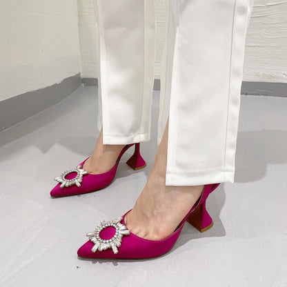 Aneikeh Brand Women Silk High Heels Luxury Crystal Butterfly Knot High Heels Summer Pointed Shoes Triangle Heeled Bride Pumps