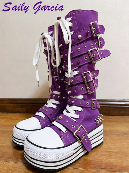 Festival Rave Orange Platform Boots Punk Rivet Buckle Straps Knee High Boots 2026 Fashion Thick Sole Women Shoes Party Footwear
