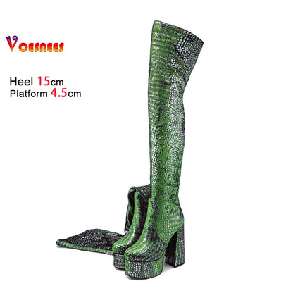 15CM Chunky Heel Platform Woman Over-the-knee Snake Pattern Boots Wild T Show Shoes Sexy Slimming Stretch Thigh Boots For Women