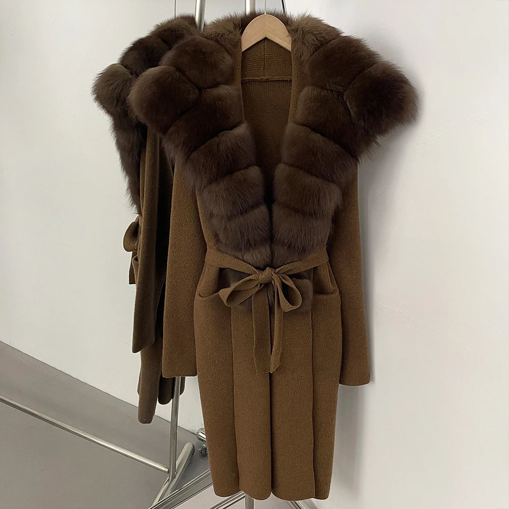 OFTBUY Fashion Warm Belt Real Fox Fur Cardigan New Natural Fur Collar Long Knit Jacket Women Atrumn Winter Top Clothing Female