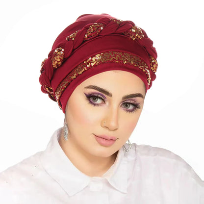 Women Hijabs Turban Hats Sequin Solid Color Braid Twist Caps Cancer Chemotherapy Beanies Cap Headwrap Plated Hair Loss Cover