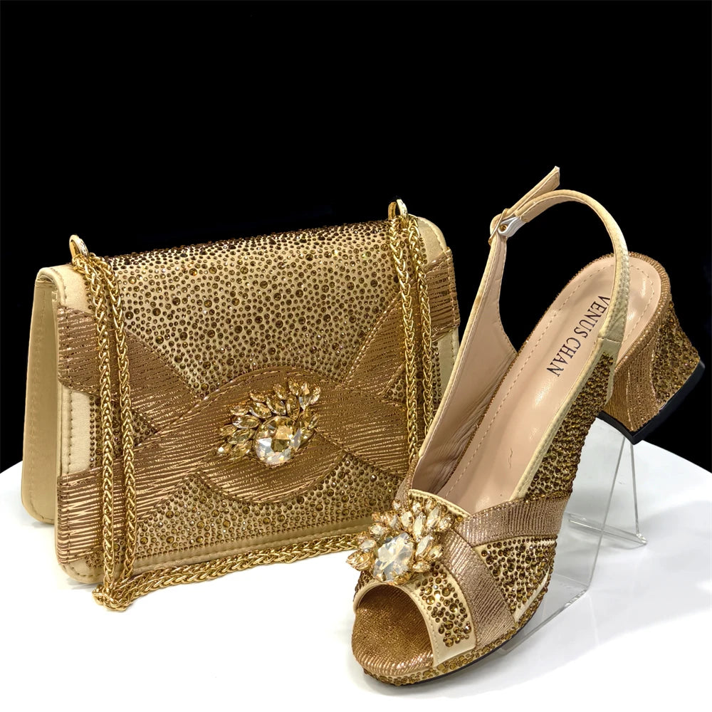2025 Elegant Women's Peep-Toe Heels and Matching Wine Color Diamond Pumps Set - Stylish Italian Shoes and Bags for Parties