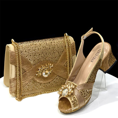 2025 Elegant Women's Peep-Toe Heels and Matching Wine Color Diamond Pumps Set - Stylish Italian Shoes and Bags for Parties