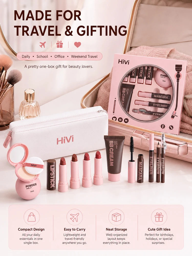 9PCS Makeup Gift Set for Women, All-in-One Lipstick Mascara Eyeliner BB Cream Powder Compact, Travel Beauty Kit for Beginners