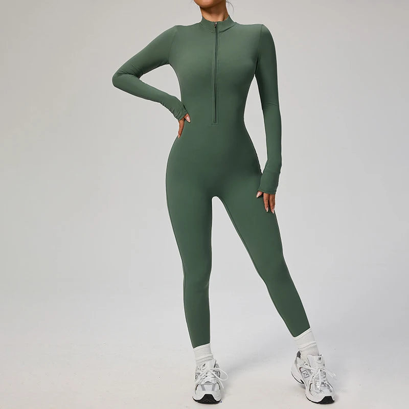 TRY TO BN Women's Jumpsuit Long Sleeve Zipper Shapewear Bodysuit Yoga Fitness One Piece Tights Gym Clothing Mono Deportivo Mujer