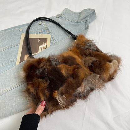 Winter Warm Fox Fur Shoulder Hobo Bags For Women Latest Luxury Designer Purses And Handbags Elegant Evening Bag For Dinner Party