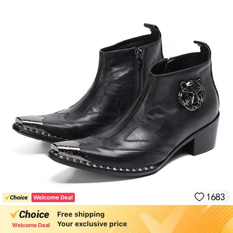Fashion Luxury Men Boots Genuine Leather Ankle Sanke Boots Men Italian Business Dress Shoes Pointed Toe Cowboy Boots