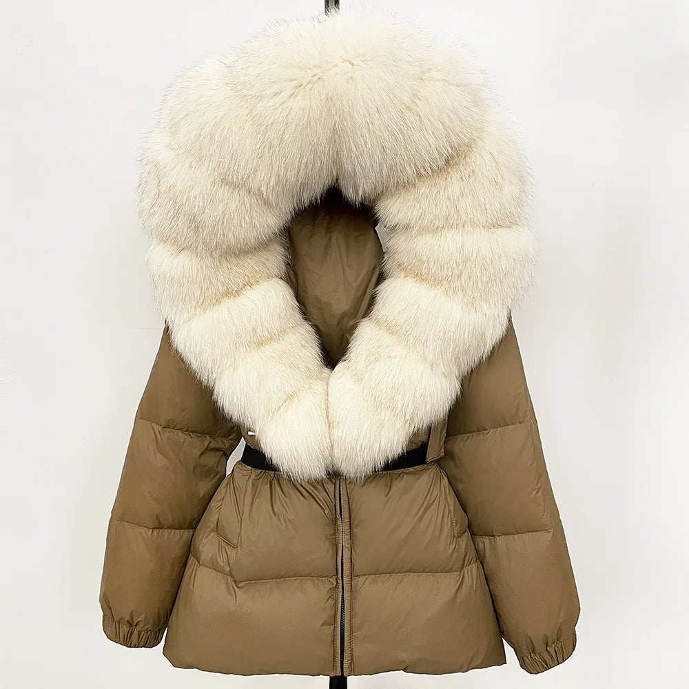 Hot Sale Women Luxury Black Down Jacket Waist‑Cinched Design High‑End Elegant Real Big Fox Fur Hooded Collar Winter Outerwear