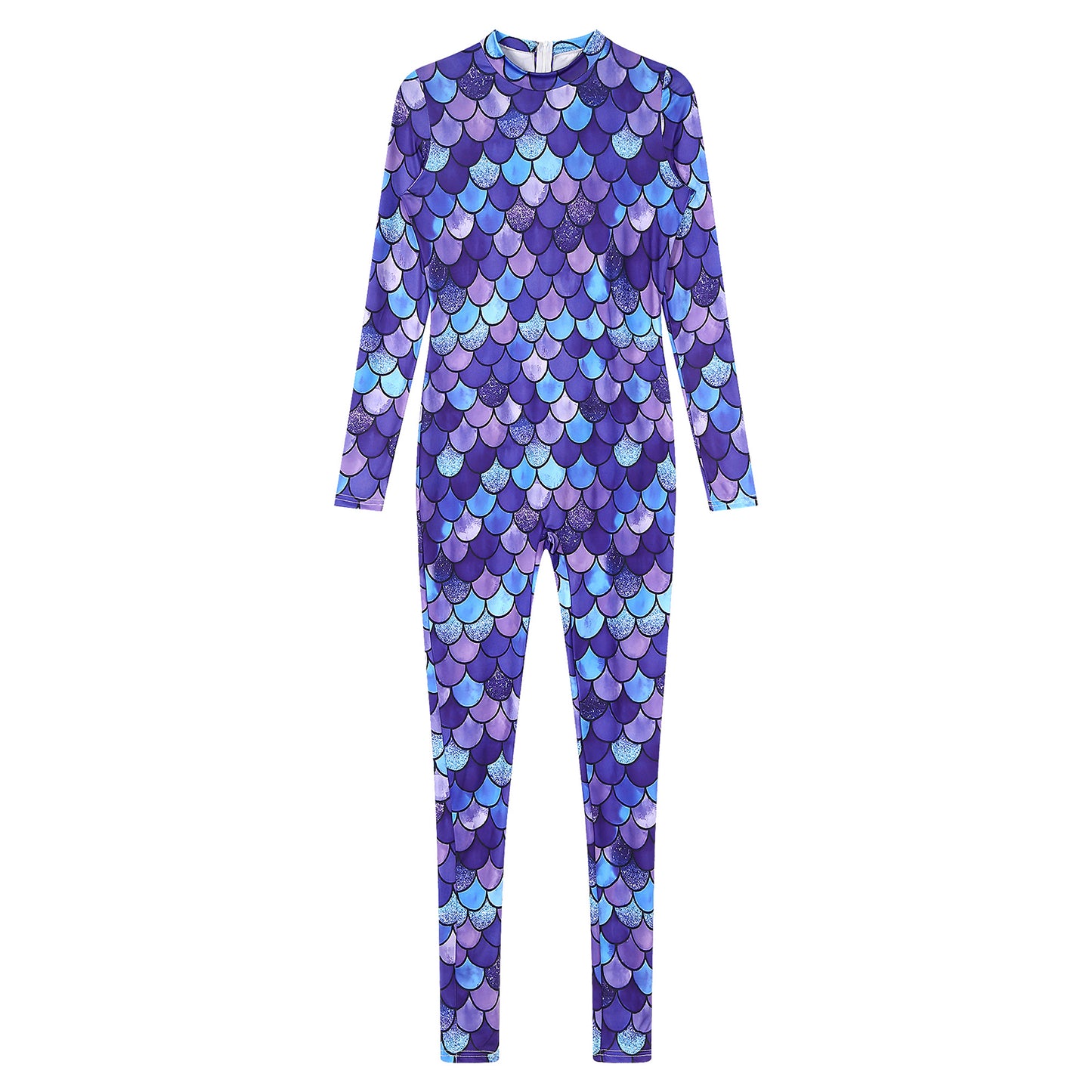 Womens Rash Guard One Piece Swimsuit Mermaid Fish Scale Print Long Sleeve Back Zipper Full Body Tops Sexy Swimwear Jumpsuit