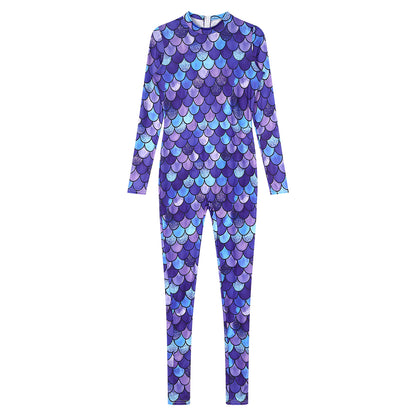 Womens Rash Guard One Piece Swimsuit Mermaid Fish Scale Print Long Sleeve Back Zipper Full Body Tops Sexy Swimwear Jumpsuit