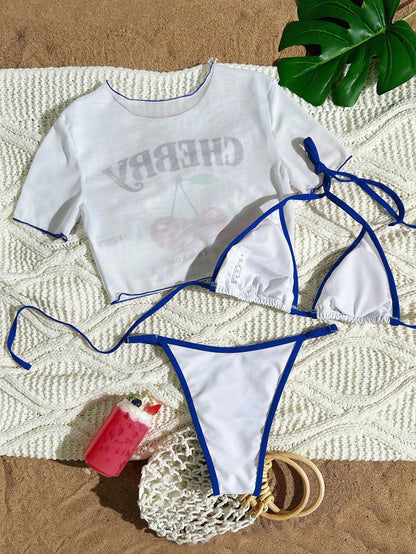Cute Halter Bikini 3 Pieces Cherry Print 2026 Sexy & Fresh Feeling Bathing Suit Three-Piece Swimsuit Dark Blue Beach Swimwear
