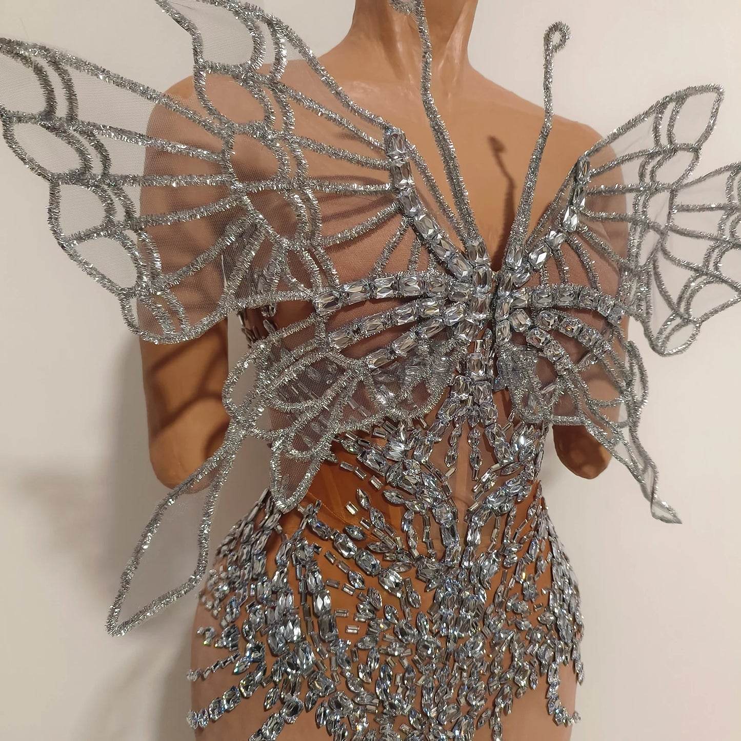Sexy Shiny Silver Crystal Jumpsuit Transparent Mesh 3D Butterfly Rhinestone Wings Jumpsuit Birthday Party Performance Costume