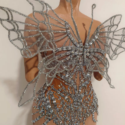 Sexy Shiny Silver Crystal Jumpsuit Transparent Mesh 3D Butterfly Rhinestone Wings Jumpsuit Birthday Party Performance Costume