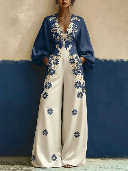 UOOZEE 2026 New Vintage Floral Printed Wide Leg Jumpsuits for Women Loose V-Neck Puff Sleeves Elegant Party Casual Overalls