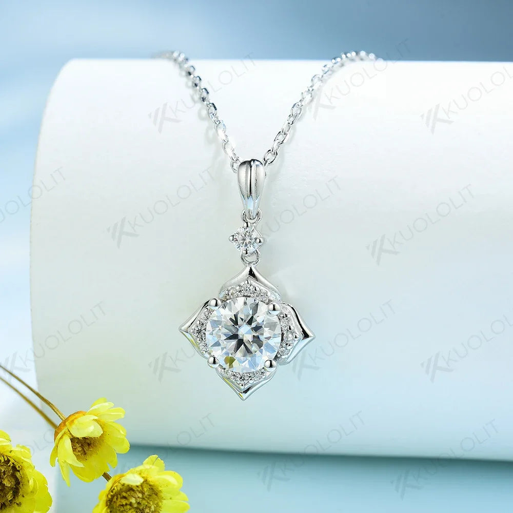 Kuololit 585 14K 10K Solid Gold 925 Silver Moissanite Necklaces for Women Flower Shape Pendant for Wedding Engagement With Chain