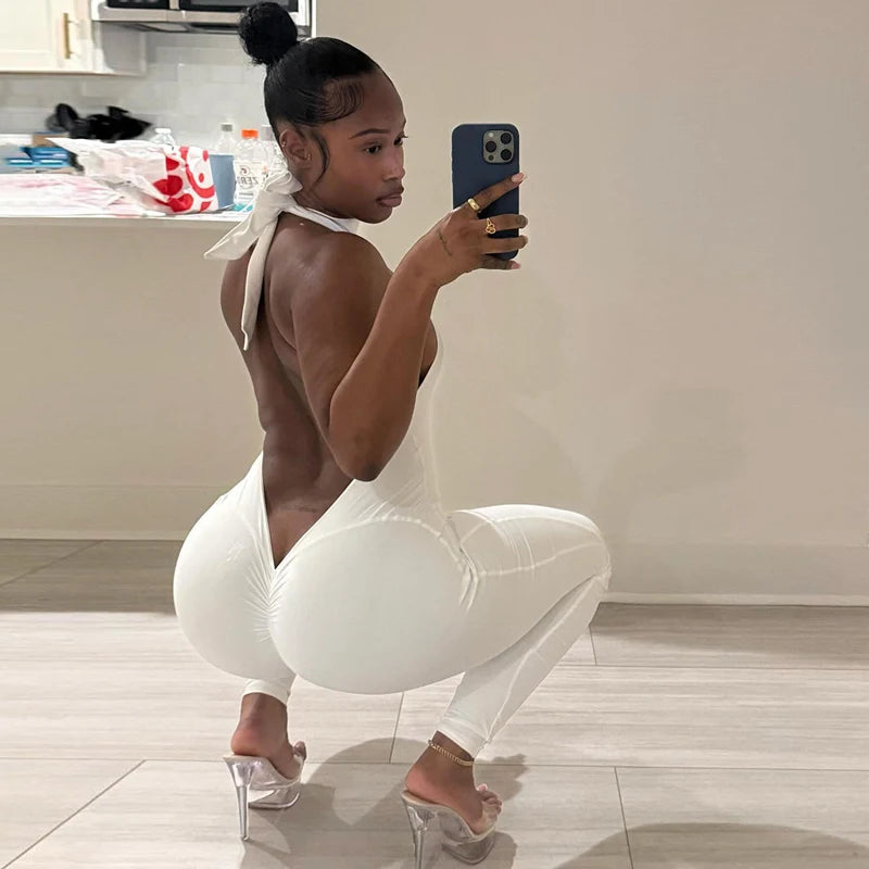 Sexy Skinny Jumpsuits Women Lift Buttocks Jumpsuit Solid Color Bandage Backless Halter Slim Yoga Fashion Overalls Streetwear