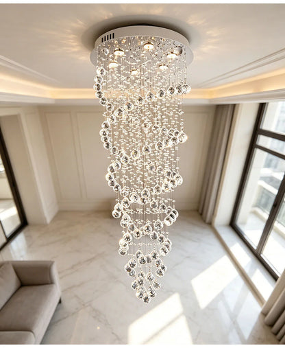 Modern Luxury Spiral Crystal Ceiling Fixture Long Cascading Crystal Design for Duplex Stairwell High Ceiling Home Lighting