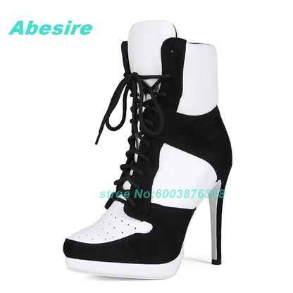 Mixed-Color Air Mesh Cross-Tied Ankle Boots Round Toe Thin Heels Platform Shoes for Women Casual Concise Daily Comfortable Shoes