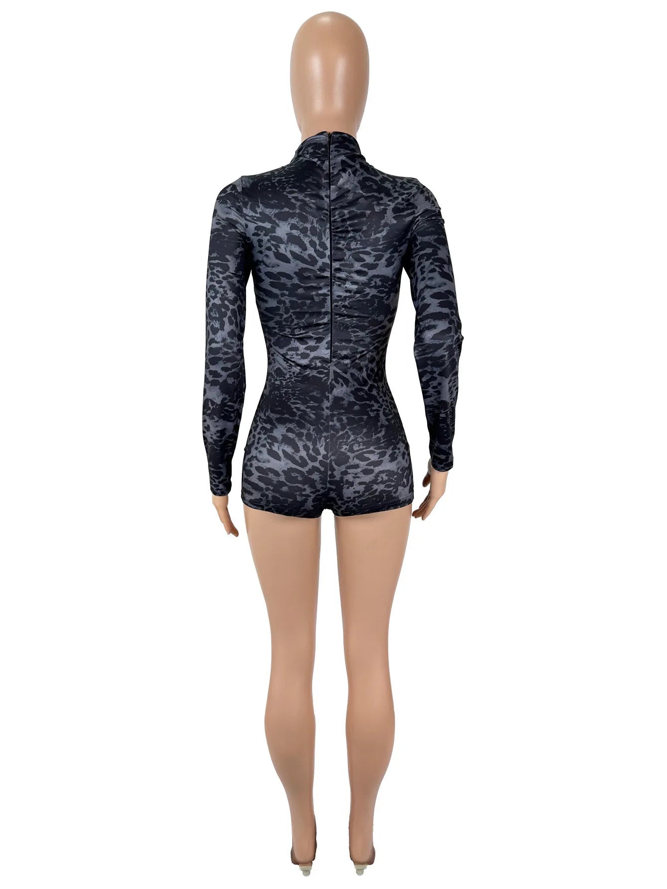 Sexy Round-neck Long-sleeve Leopard-print Tight Slim Bodycon Rompers Bodysuit Women Daily Outfit Summer Clothes Festival