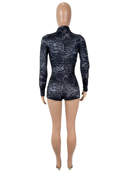Sexy Round-neck Long-sleeve Leopard-print Tight Slim Bodycon Rompers Bodysuit Women Daily Outfit Summer Clothes Festival