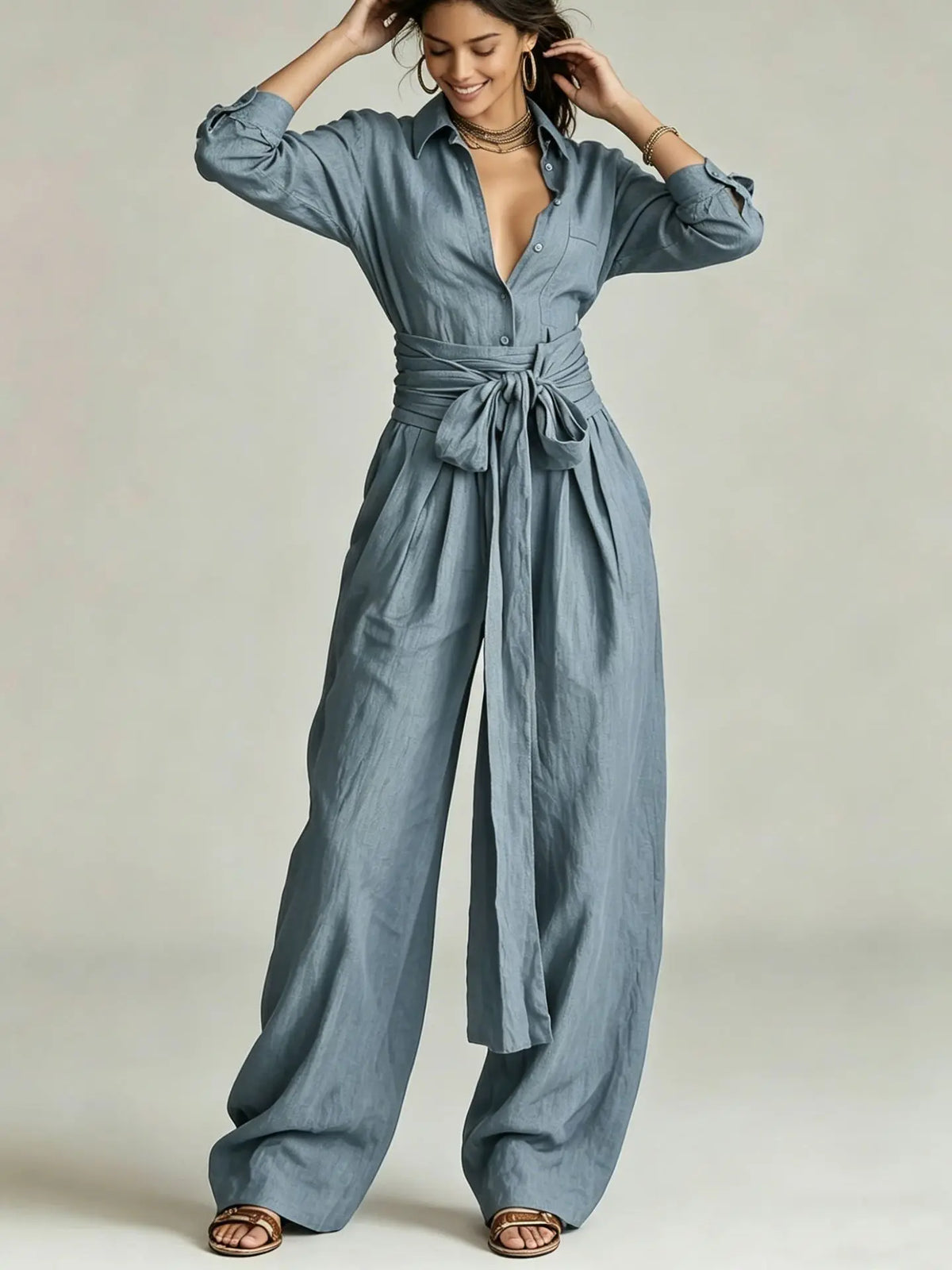 Women Brown Jumpsuit  Outfit Lapel Long Sleeve Button Shirt High Waist Belt Tie Wide Leg Pants Elegant Office Vacation Jumpsuits