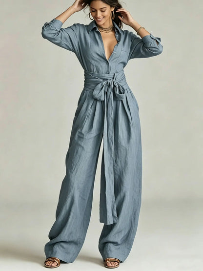 Women Brown Jumpsuit  Outfit Lapel Long Sleeve Button Shirt High Waist Belt Tie Wide Leg Pants Elegant Office Vacation Jumpsuits