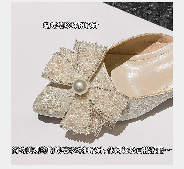 Summer New Shoes for Women Luxury Slipper Outdoor Pointed Toe Pearl Casual Sandals Girl Four Leaf Clover Flat Mules Slides