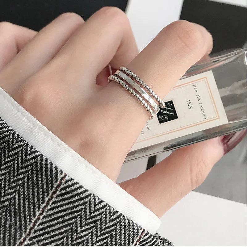 VENTFILLE 925 Sterling Silver Geometric Multilayer Round Bead Ring Female Fashion Punk Temperament Prevent Allergy Charm Jewelry