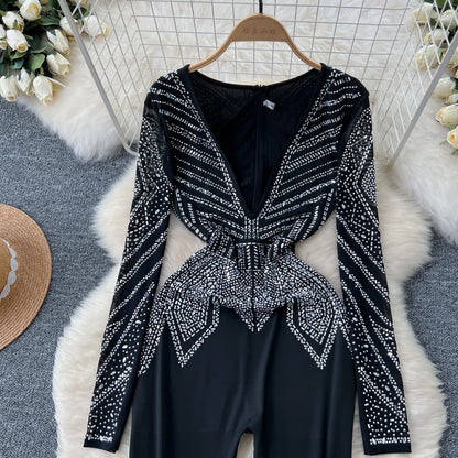 SINGREINY Sexy Senior Bodycon Jumpsuits Women Deep V-Neck Long Sleeves Zipper Diamonds Design Fashion Hotsweet Party Playsuits