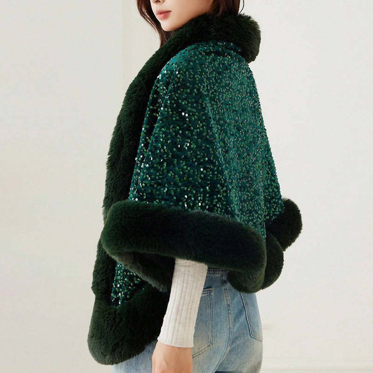 1PC Shiny Sequin Plush Shawl for Women Party Warmth Versatile Faux Fur Collar Blingbling Fashionable Shawl