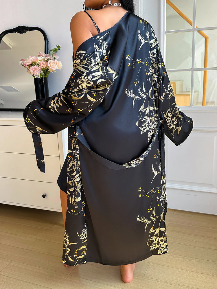 Plus Size Cherry Floral Print Women Pajama Set Sexy Slip Nightgown with Robe Two Piece Loungewear for Women