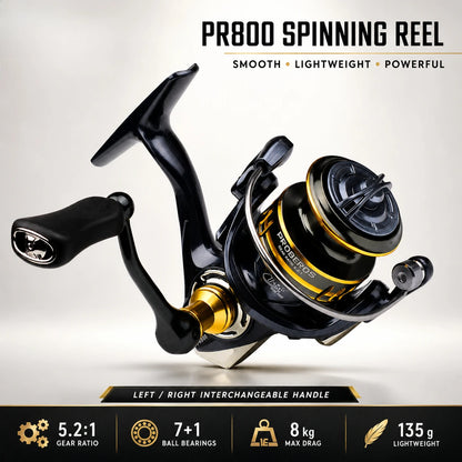 Spinning Fishing Reel 800 Size 5.2:1 7+1BB 8KG Max Drag CNC Metal Handle Deep Spool Long Cast Saltwater Rock Lure Fishing Reel