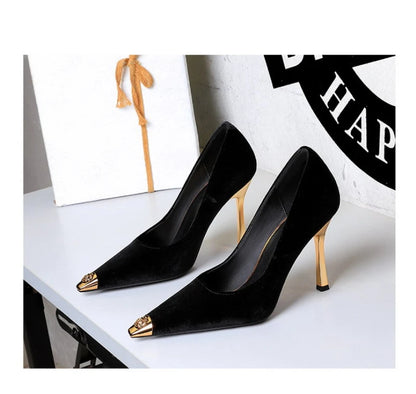 Women Peach Pink Velvet Metal Capped Pointed Toe Pumps Gold Trapezoid Thin High Heels Gentle Retro Luxury Date Banquet Ladies