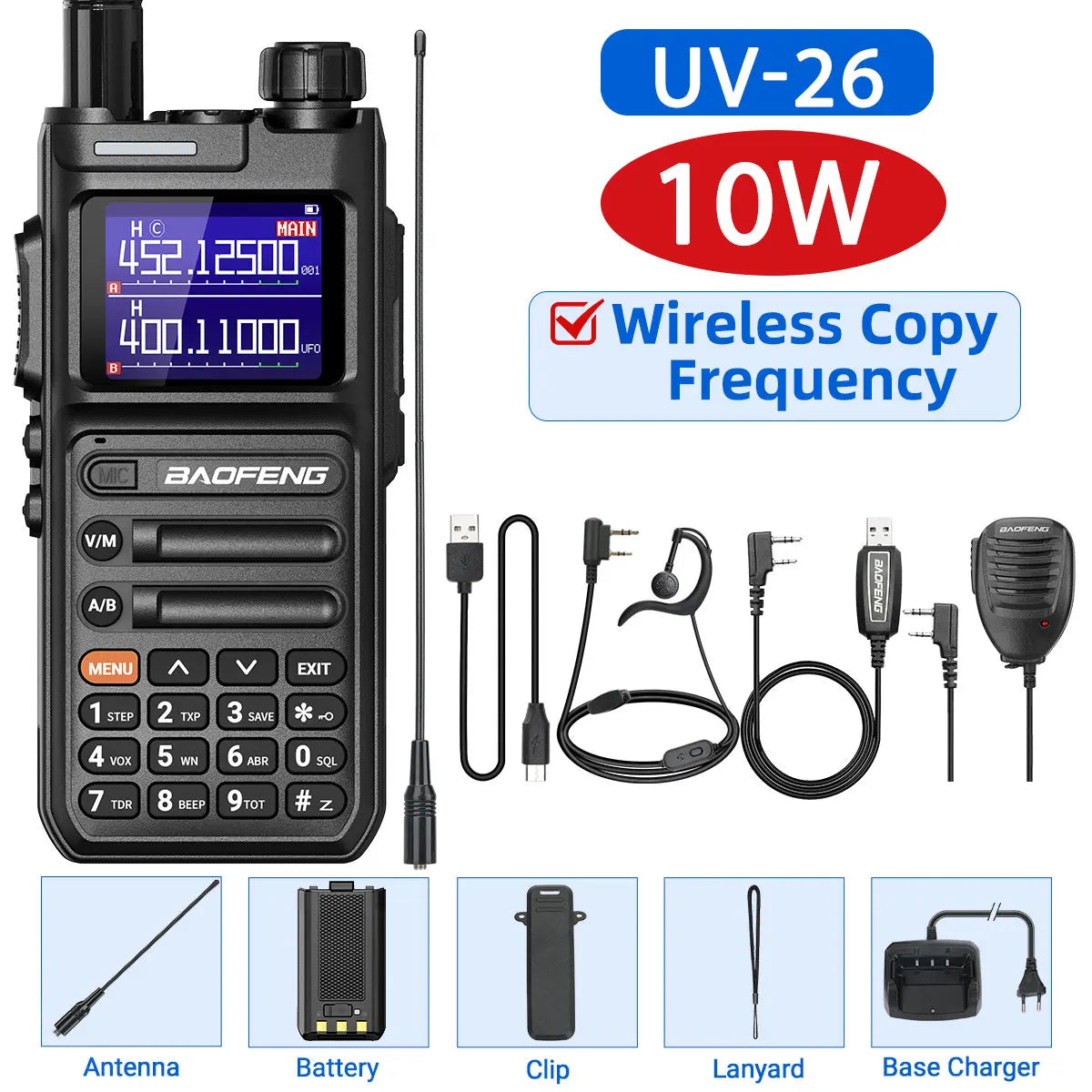 Baofeng UV-26 Walkie Talkie 10W Multi Band Wireless Copy Frequency High Power 999 Channels NOAA with Type-C Charger Ham Radio