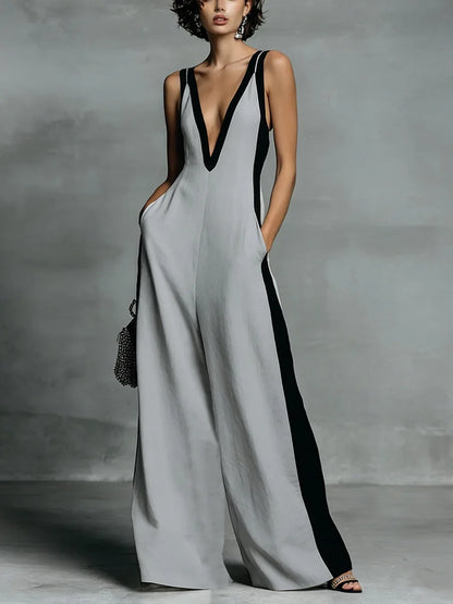 Women Color Block Deep V Neck Sleeveless Jumpsuit Side Stripe Wide Leg Pants Casual Pocket Romper Elegant Party Long Jumpsuits