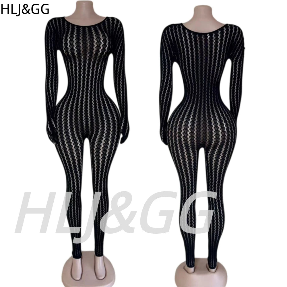 HLJ&GG Sexy Mesh Stretchy See Though Bodycon Jumpsuits Women Round Neck Long Sleeve Slim Playsuits Fashion Print Overalls 2025
