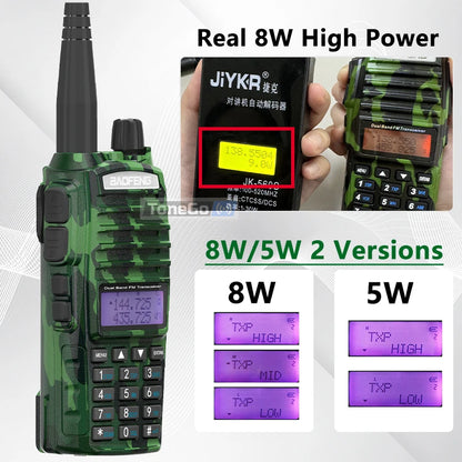 1/2Pcs Baofeng UV-82 Walkie Talkie 5/8W Tri-Power FM Radio Type-C Charger Dual PTT Dual Band VHF/UHF Two Way Camouflage For Hunt