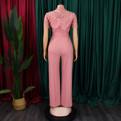 Elegant Jumpsuits & Rompers for Women O Neck Lace Patchwork Short Sleeve Sashes High Waisted Luxury Birthday Party Dinner Outfit